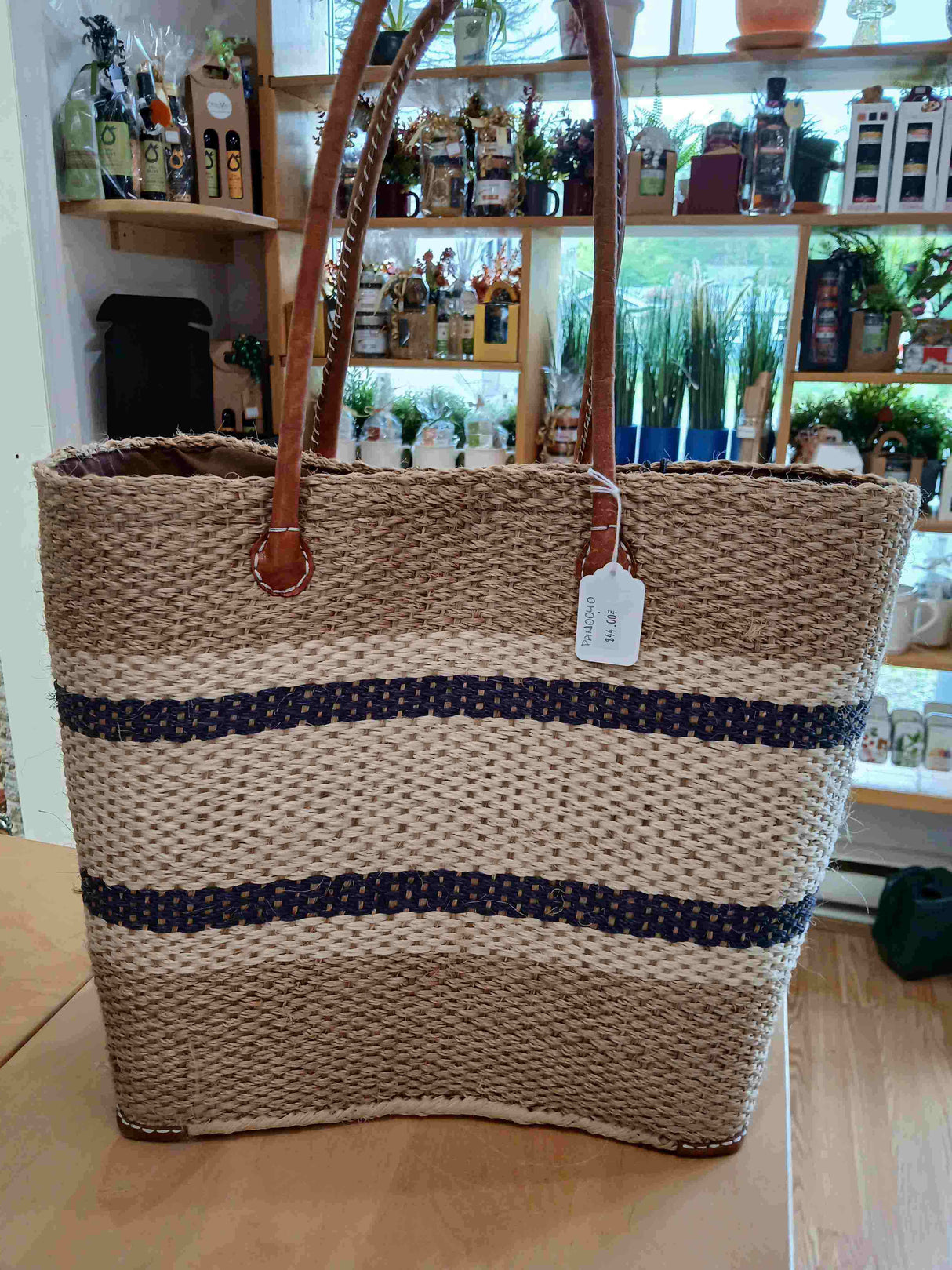 PAN0040 - Panier sisal à rayures beiges, noires et sable - Grand