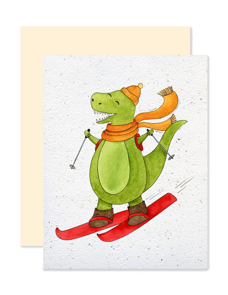 EMM0058 - Carte à planter / Plantable greeting card - Dinosaure sur skis