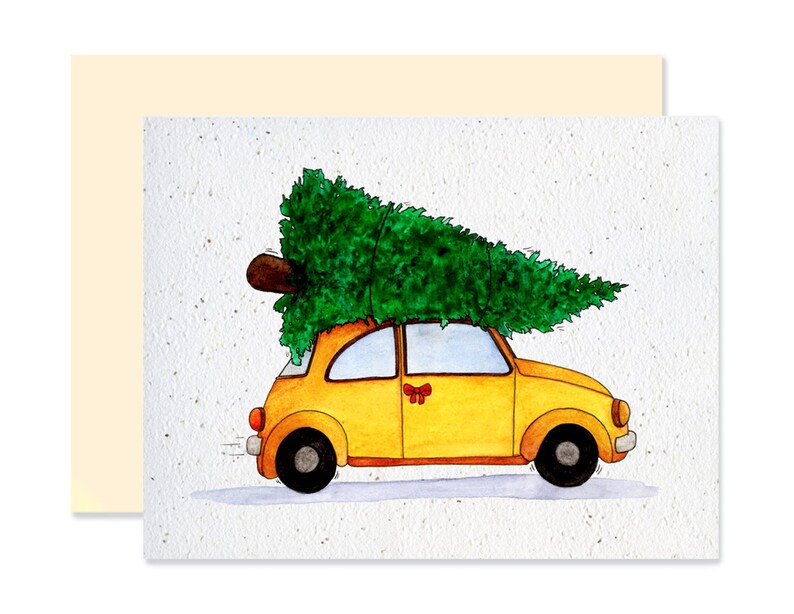 EMM0055 - Carte à planter / Plantable greeting card - Sapin sur voiture jaune