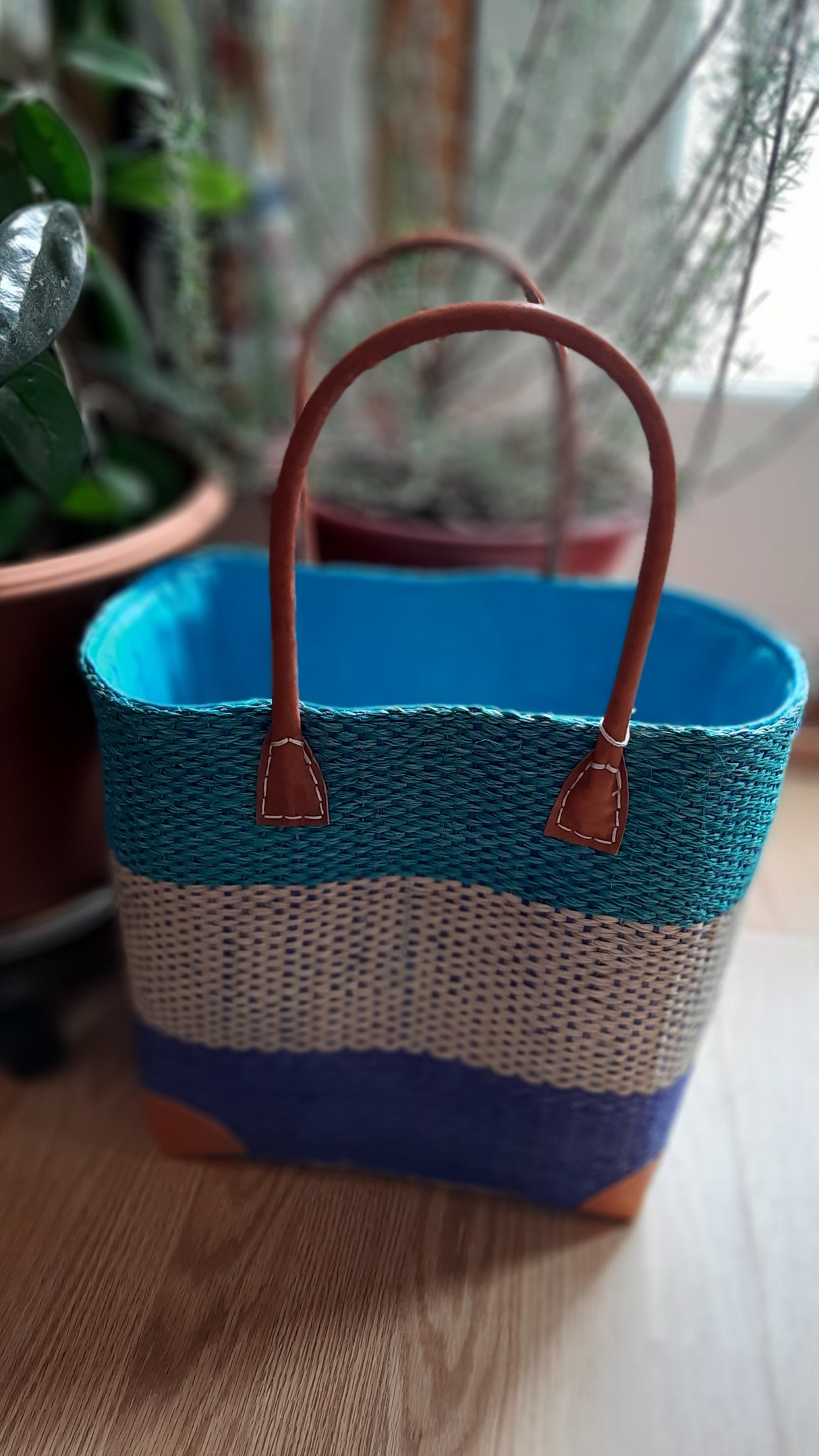 PAN0031 - Petit panier sisal 3 bandes - turquoise, beige et bleu
