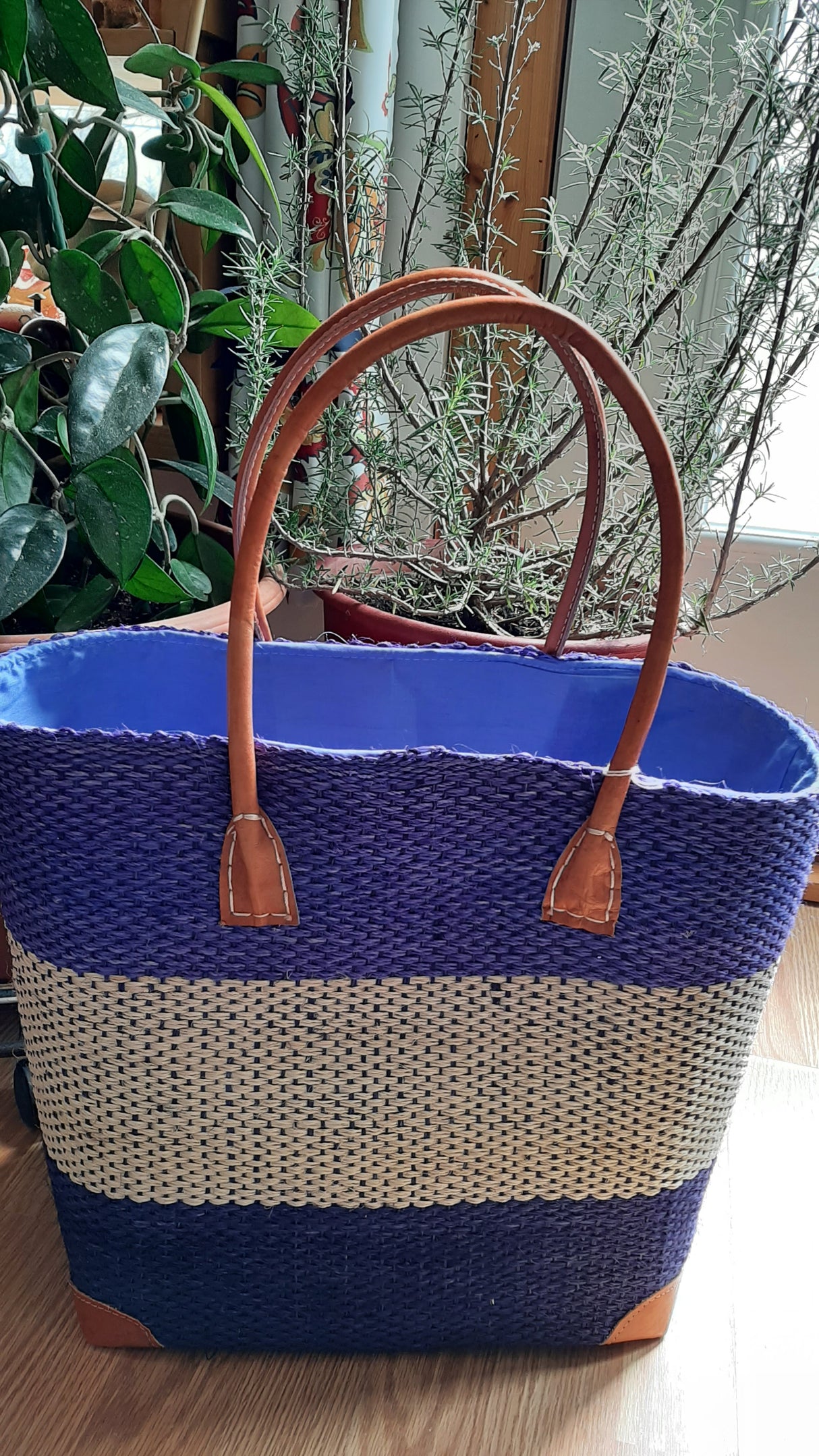 PAN0029 - Grand sac-panier sisal 3 bandes - bleu-beige