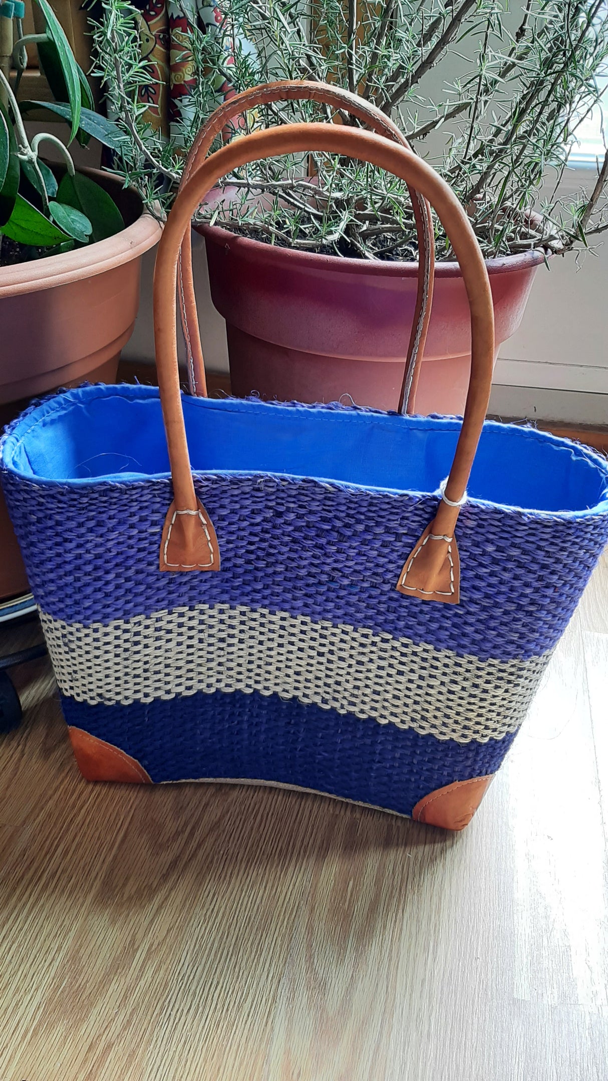 PAN0028 - Petit panier sisal 3 bandes - bleu-beige