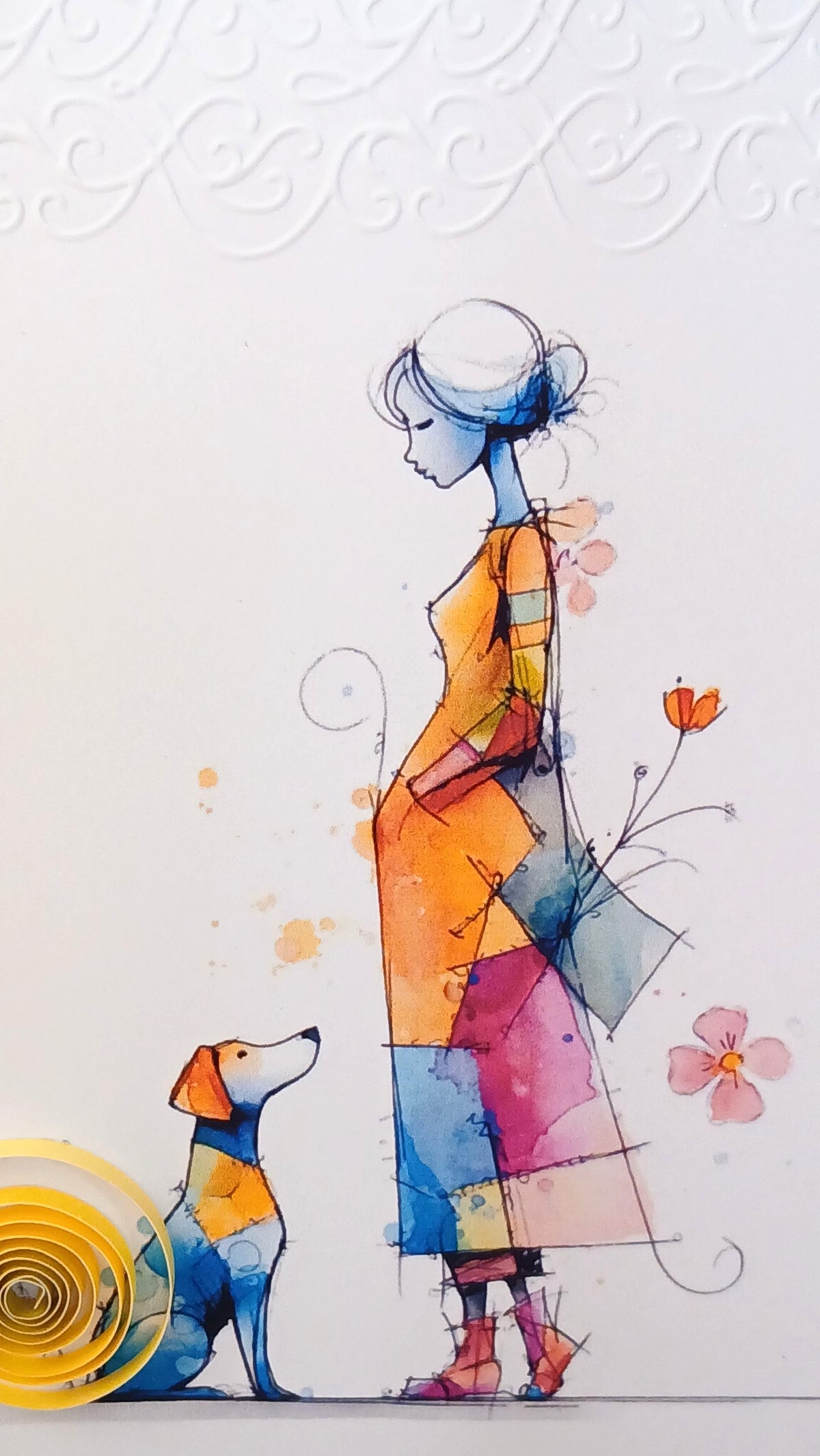FIL0007 - Carte en quilling - Jeune femme parle à son chien