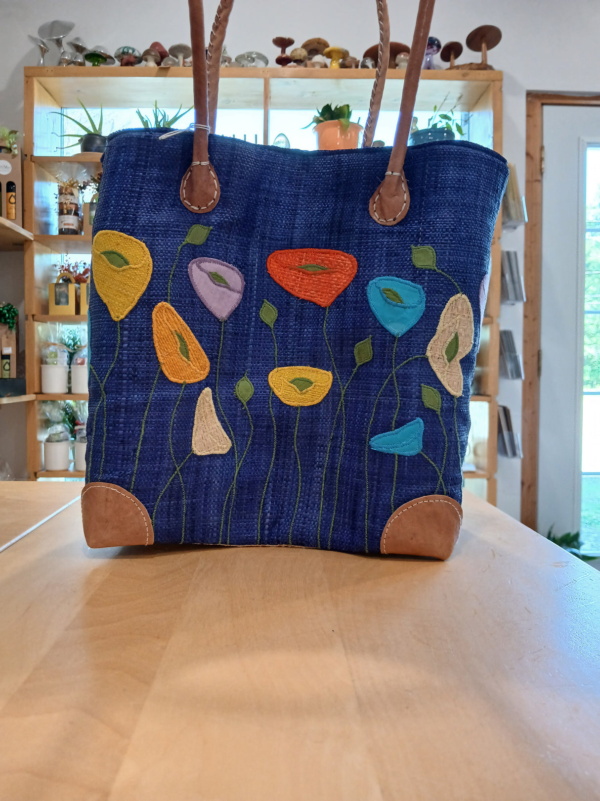 PAN0087 - Sac-panier bleu/mauve avec motif de coquelicots multicolores