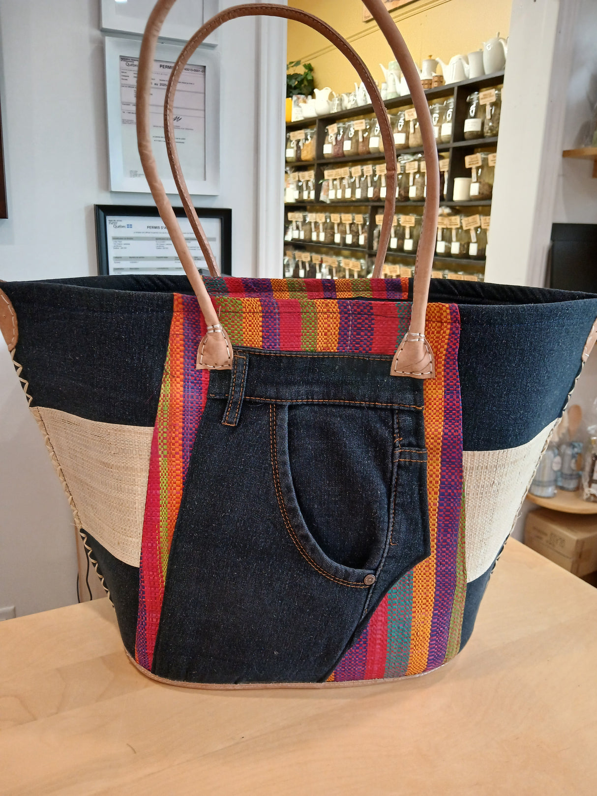PAN0091 - Sac-panier à motif de bateau - Jeans et rayures verticales multicolores