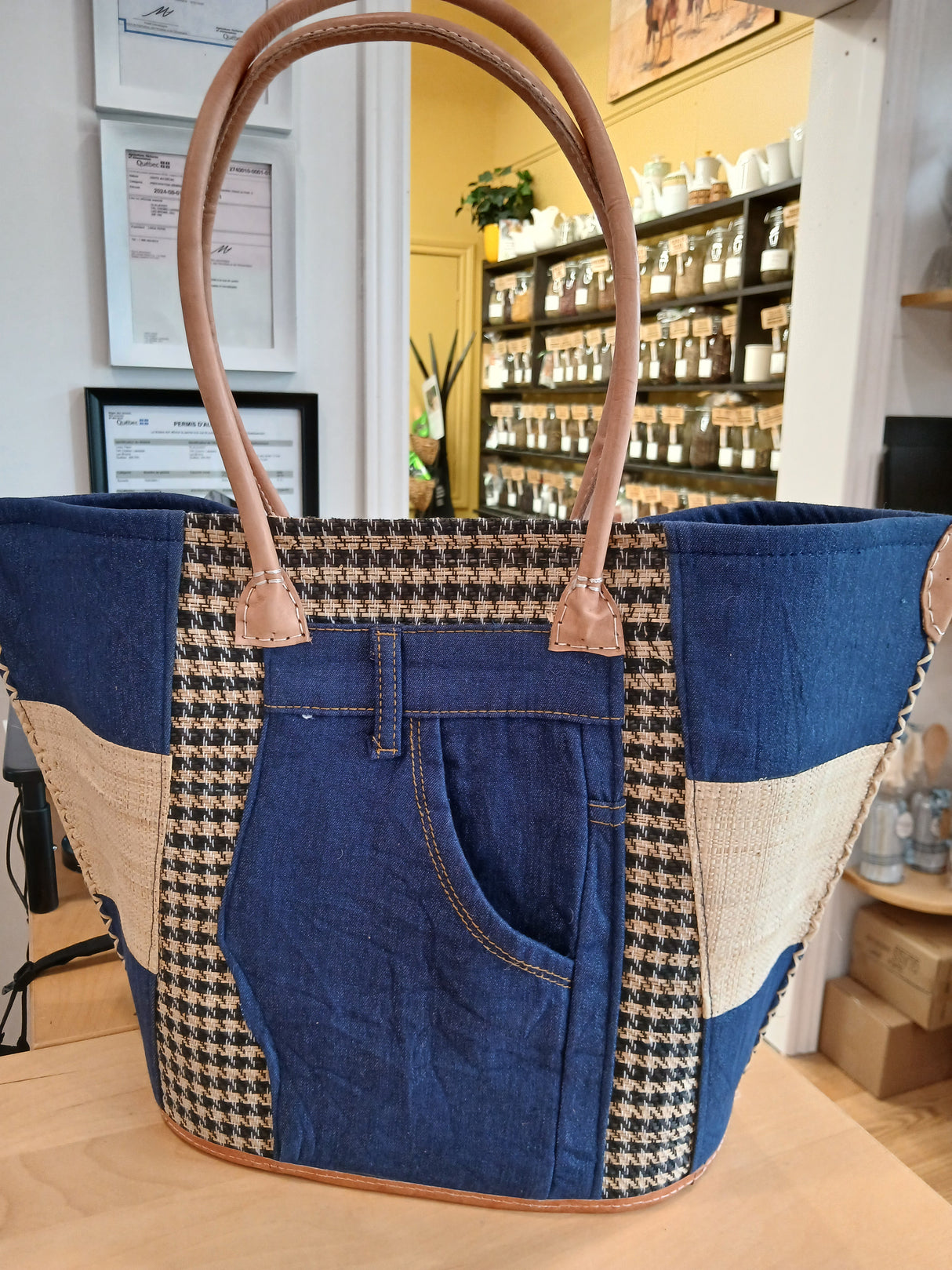 PAN0092 - Sac-panier à motif de bateau - Jeans et motif pieds de poule