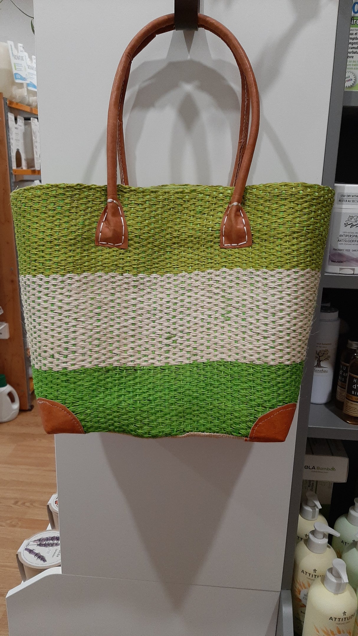 PAN0069 - Petit panier sisal 3 bandes - verts et beige