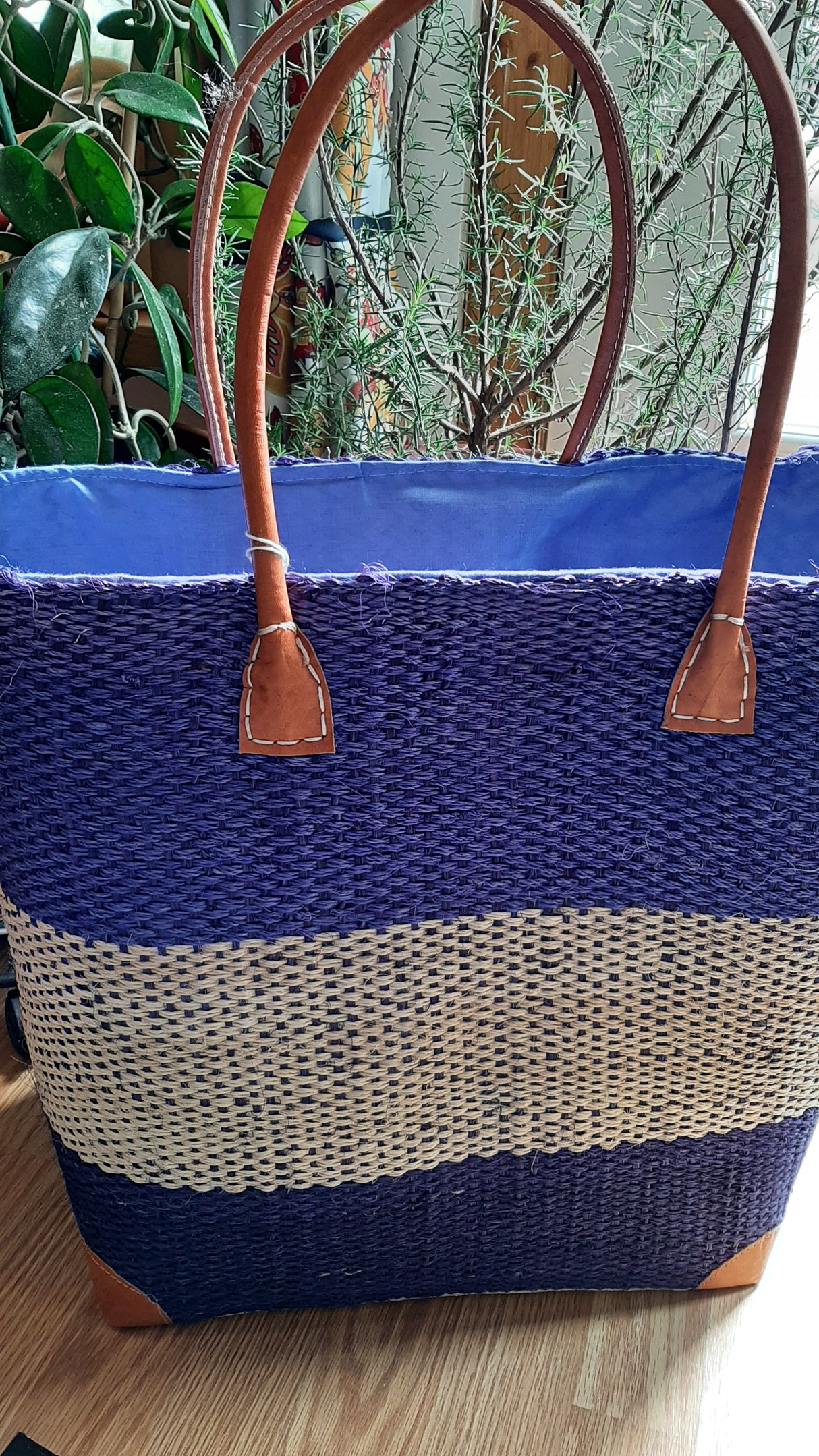 PAN0030 - Très grand sac-panier sisal 3 bandes - bleu-beige
